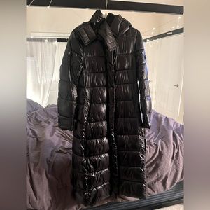 Karl Lagerfeld Paris, Hooded Maxi Black & Red Patent Trench Coat {SIZE: S}